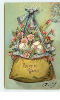 Carte Gaufrée - Joyeuses Pâques - Sac Rempli D'oeufs Et De Fleurs - Ostern