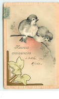 Carte Gaufrée - Heureux Anniversaire  Deux Oiseaux Sur Une Branche - Verjaardag