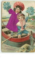 Carte Gaufrée - Heureux Anniversaire - Enfants Dans Une Barque - Robe De La Fillette En Tissu - Verjaardag
