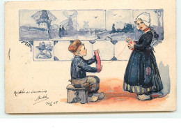 Carte Gaufrée - Couple De Hollandais Préparant Une Pelote De Laine - Sonstige & Ohne Zuordnung