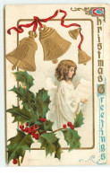 Carte Gaufrée - Christmas Greetings - Ange Lisant Sous Des Cloches - Andere & Zonder Classificatie