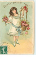 Carte Gaufrée - Bonne Et Heureuse Fête - Fillette Portant Un Panier Rempli De Roses - Autres & Non Classés