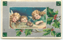Carte Gaufrée - A Merry Christmas - Anges Et Houx - Other & Unclassified