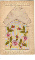 Carte Brodée Avec Pochette - Fleurs Roses - Brodées