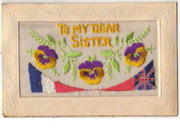 Carte Brodée - To My Dear Sister - Drapeaux - Pensées - Embroidered