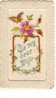 Carte Brodée - To My Dear Wife - Papillon Et Fleurs - Embroidered