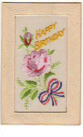 Carte Brodée - Happy Birthday - Rose Et Noeud De Couleurs Bleu - Blanc - Rouge - Embroidered