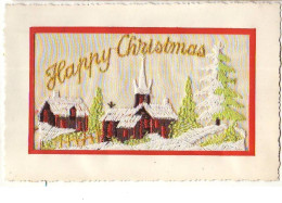 Carte Brodée - Happy Christmas - Paysage Enneigé - Embroidered