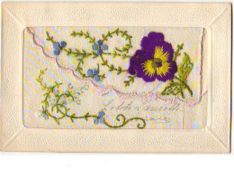 Carte Brodée - Fleurs - Pensées - Embroidered