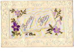 Carte Brodée - Bonne Fêtes - Livre Et Fleurs Violettes - Embroidered