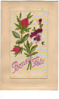Carte Brodée - Bonne Fête - Pensée Et Rose - Embroidered