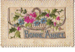 Carte Brodée - Bonne Année - Panier Rempli De Fleurs - Embroidered