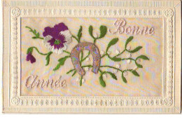 Carte Brodée - Bonne Année - Pensée Et Fer à Cheval - Embroidered