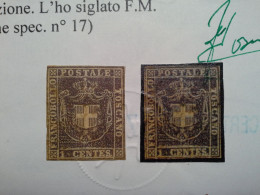 Regno D'Italia 1860 - Toscana 1 Cent. Marrone Violaceo Raro - 2 Certificati - Tuscany