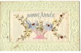 Carte Brodée - Bonne Année - Fleurs Dans Un Panier - Embroidered
