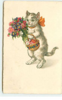 Animaux - Chat - Chat Portant Un Panier Rempli D'oeufs, Et Un Bouquet - Cats