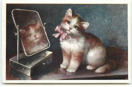 Animal - Chat Avec Un Noeud Rose, Se Regardant Dans Un Miroir - Cats