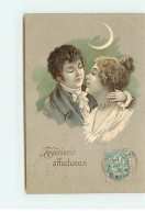Carte Gaufrée - Fantaisie - Souvenir Affectueux - Couple Au Clair De Lune - Other & Unclassified