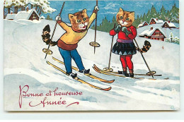 Animaux Habillés - Bonne Et Heureuse Année - Chats Faisant Du Ski - Animali Abbigliati