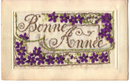 Carte Brodée Avec Rabat - Bonne Année - Fleurs Violettes - Embroidered