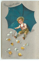 Carte Gaufrée - Peaceful Easter - Garçon Sous Un Parapluie Avec Des Poussins - Easter