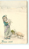 Bonne Année - Fillette Tenant Un Cochon Qui Tire Une Luge - VK Vienne - New Year