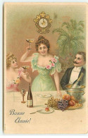 Carte Gaufrée - Bonne Année - Femmes Et Homme Trinquant - New Year