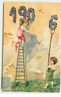 Carte Gaufrée - Bonne Année 1906 - Anges Accrochant Les Chiffres, L'un En Haut D'une échelle - New Year