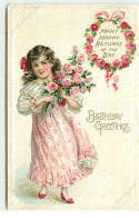 Carte Gaufrée - Birthday Greetings - Many Happy Returns Of The Day - Fillette Portant Un Bouquet De Roses - Anniversaire
