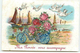 Carte à Paillettes - Ma Pensée Vous Accompagne - Colombes Au Dessus D'un Tricycle Fleuri, Au Fond Des Bateaux - Other & Unclassified