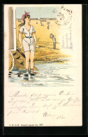 Lithographie Junge Frau In Bademode Am Wasser, Herr Grüsst Mit Erhobenem Hut  - Mode