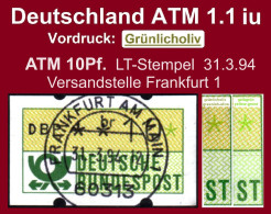 Deutschland Bund ATM 1.1 Iu Grünlicholiv / 10Pf. Voll-O 31.3.94 Letzttag Der Versandstelle / Klüssendorf Automatenmarken - Vignette [ATM]