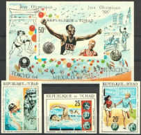 Tchad 1970, Olympic Games, Swimming, Athletic, Archaeology, 3val+BF IMPERORATED - Estate 1968: Messico