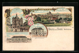Lithographie Gabel /Nordböhmen, Alte Post, Kirche, Bahnhof  - Czech Republic