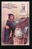Künstler-AK Zur Erinnerung An Die Letzte Zweier Briefmarke 1906, Münchner Kindl In Der Druckerei  - Timbres (représentations)