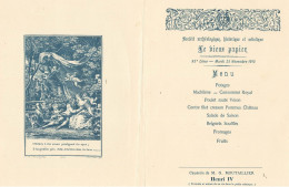 MENU ANCIEN - ILLUSTRE - SOCIETE ARCHEOLOGIQUE " LE VIEUX PAPIER" - 95° DINER - NOVEMBRE 1913  (17 X 22 Cm) état - Menükarten