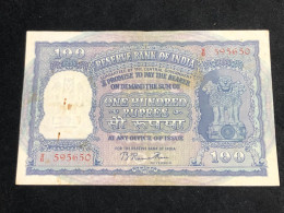 INDIA 100 RUPEES P-43  1957 TIGER ELEPHANT DAM MONEY BILL Rhas Pinhole ARE BANK NOTE Red Numbers Above And Below 1 Pcs A - India