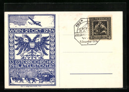 Künstler-AK Sign. L. Hesshaimer: Wien, 13. Österreichischer Philatelistentag 1934, Briefmarke Mit Flugzeug Und Kutsc  - Sellos (representaciones)