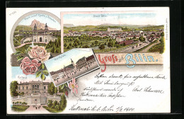 Lithographie Bilin, Marktplatz, Franz Josef-Quelle U. Borschen, Kurhaus  - Czech Republic