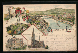 Vorläufer-Lithographie Linz, 1894, Museum, Maria Empfängniss-Dom, Pöstlingberg, Blick Auf Die Stadt  - Autres & Non Classés
