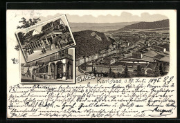 Vorläufer-Lithographie Karlsbad, 1895, Panorama, Schlossbrunn, Marktbrunn  - Czech Republic