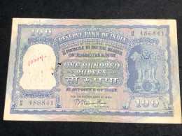 INDIA 100 RUPEES P-43  1957 TIGER ELEPHANT DAM MONEY BILL Rhas Pinhole ARE BANK NOTE Black Numbers Above And Below 1 Pcs - Indien