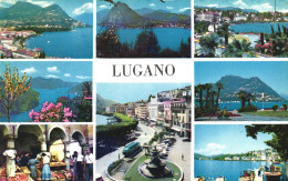 LUGANO, TICINO, MULTIPLE VIEWS, ARCHITECTURE, LAKE, BOATS, MARKET, FOUNTAIN, BOATS, PORT, SWITZERLAND, POSTCARD - Lugano