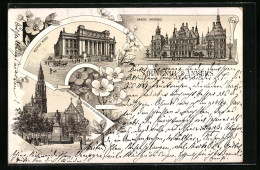Vorläufer-Lithographie Anvers, 1894, Nouveau Musee, Banque Nationale, Monument Rubens Et La Cathedrale  - Autres & Non Classés