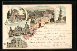 Vorläufer-Lithographie Anvers, 1895, Palais De Justice, Grande Place De L`Escault, Banque Nationale  - Autres & Non Classés