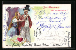 Lithographie Frau Bittet Ihren Mann Theobald, Sei Nicht So Kalt!, Private Stadtpost Courier  - Postzegels (afbeeldingen)