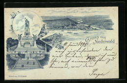 Vorläufer-Lithographie Bingen Am Rhein, 1895, Niederwalddenkmal, Blick Auf Die Stadt, Mäuseturm  - Autres & Non Classés