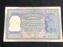 INDIA 100 RUPEES P-43  1957 TIGER ELEPHANT DAM MONEY BILL Rhas Pinhole ARE BANK NOTE Black Numbers Above And Below 1 Pcs - India