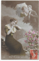Carte Fantaisie Portrait Femme Et Couple Femme Avec Ombrelle Fleurs Edit. N° 34-5 CPA Circulée 1918 - Mujeres