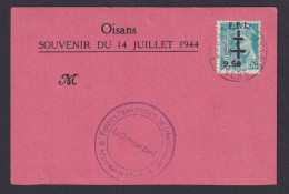 Frankreich Oisans Souvenir Du 14 Juillet 1944 Aufdruck F.F.I. 9,50 Auf 50c - Cartas & Documentos